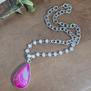Pink Agate Teardrop Silver Plated Pendant Necklace
